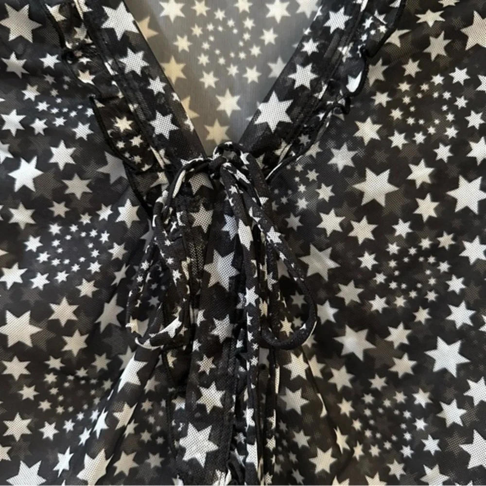 Free People Marne Star Print Sheer Mesh‎ Tie Front Coquette Blouse Top Size S